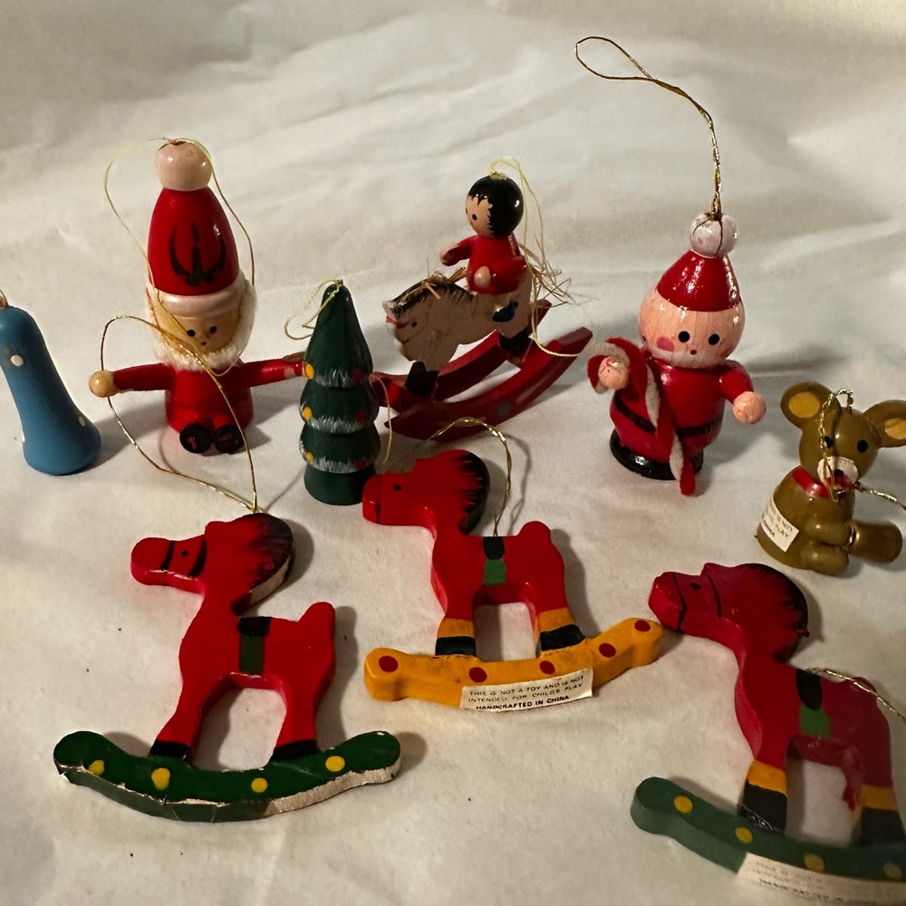 Vintage Wooden Christmas Ornament Lot 9 Piece Santa Tree Rocking Horse